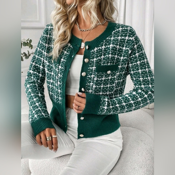 * New Chic Plaid Tweed Knit Cardigan Sweater Dark Green White - Picture 1 of 10